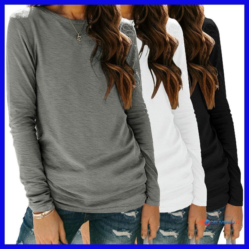 3 Pack Long Sleeve Crewneck Tees Women's Soft Stretch Basic Tops